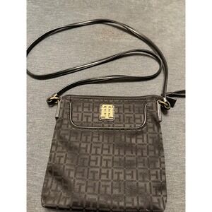 Tommy Hilfiger Black Monogram Jacquard Crossbody Bag Gold Logo Zippered Purse